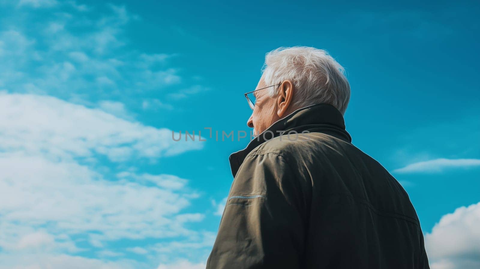 Back view of senior retired man with glasses, gray hair, looking away outdoors, side view, walks in a summer park against a blue sky background