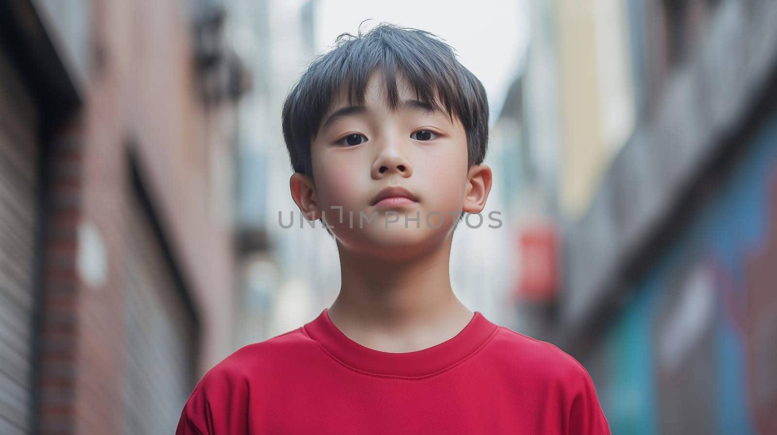 Portrait of serious Asian child on city street, kid boy standing in urban setting looks at camera