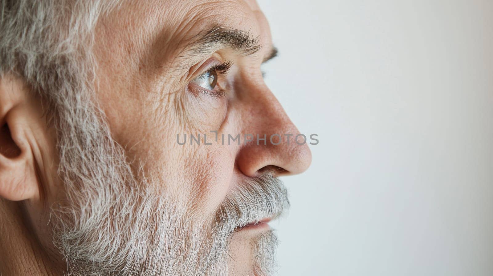 Close-up portrait of elderly man with wrinkles, old skin, profile, looking away, gray hair, side view, on white background