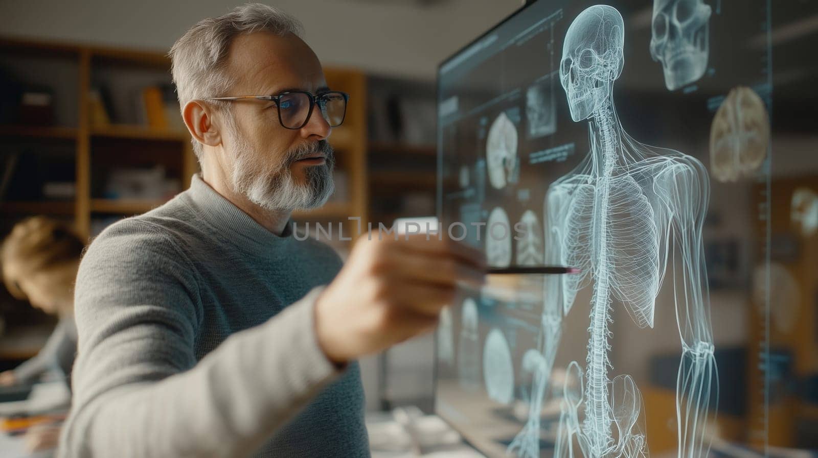 Mature man scientist with glasses analyzing human brain on computer monitor, looking at medical display in laboratory, 3d model of head anatomy, digital data