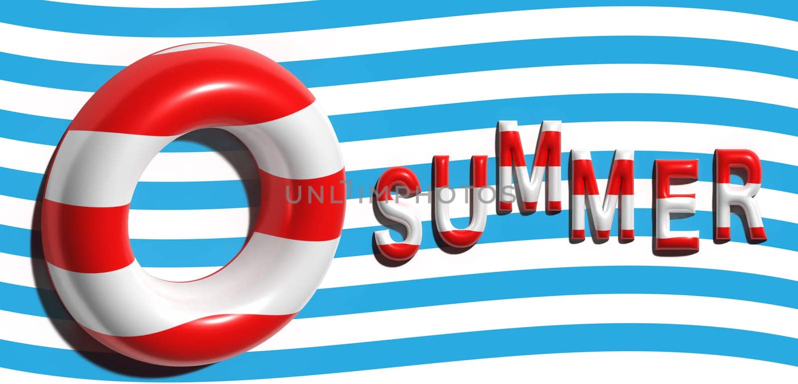Summer inscription made of volumetric letters with a shiny surface, 3D rendering illustration