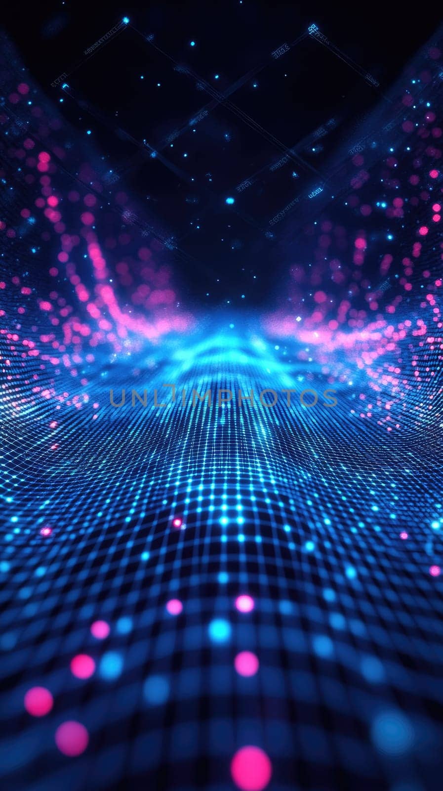 A stunning digital landscape displays vibrant blue and pink particles flowing across a grid. The scene evokes a sense of depth and immersion, resembling a futuristic environment at night.