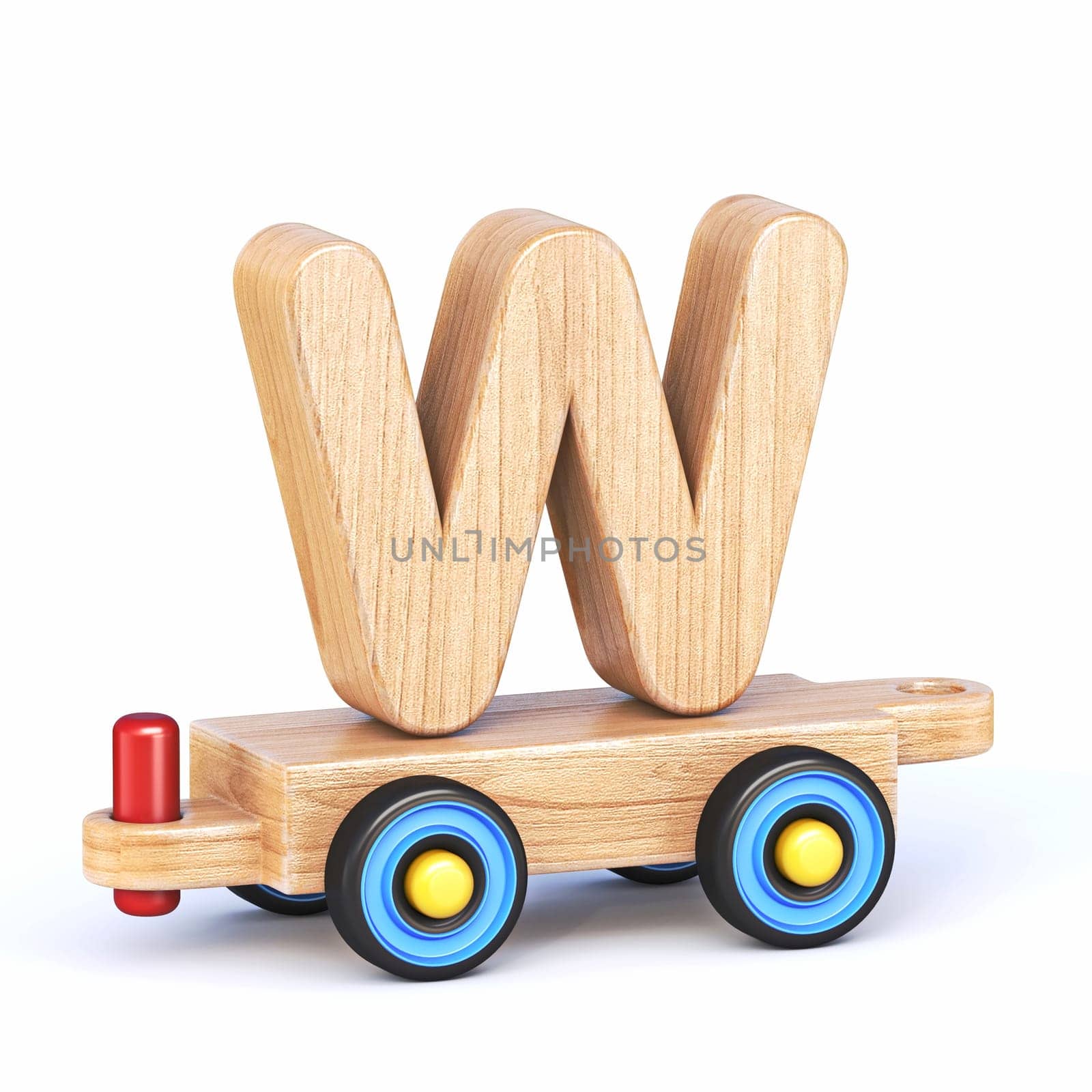 Wooden toy train font Letter W 3D rendering illustration isolated on white background
