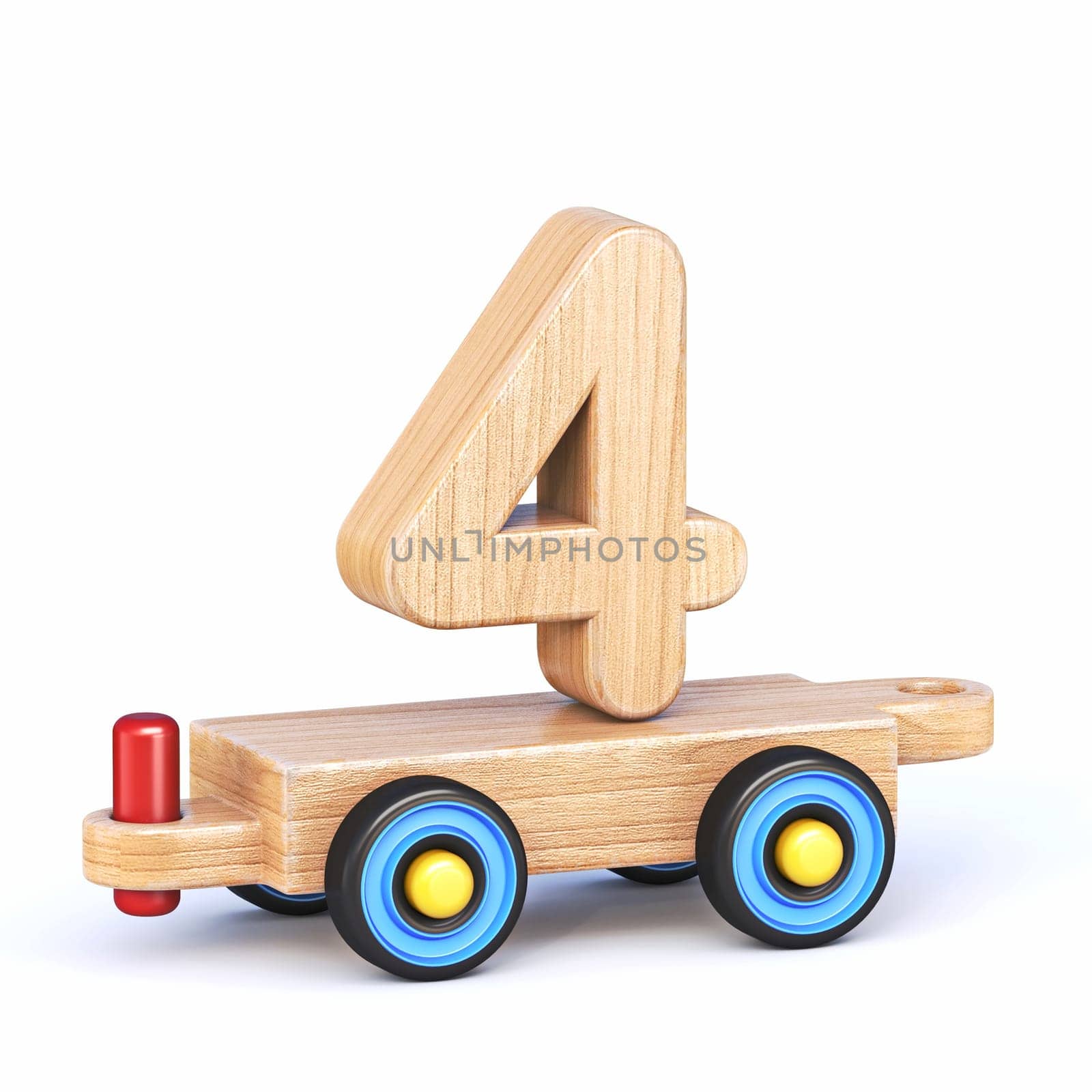Wooden toy train font Number 4 FOUR 3D rendering illustration isolated on white background