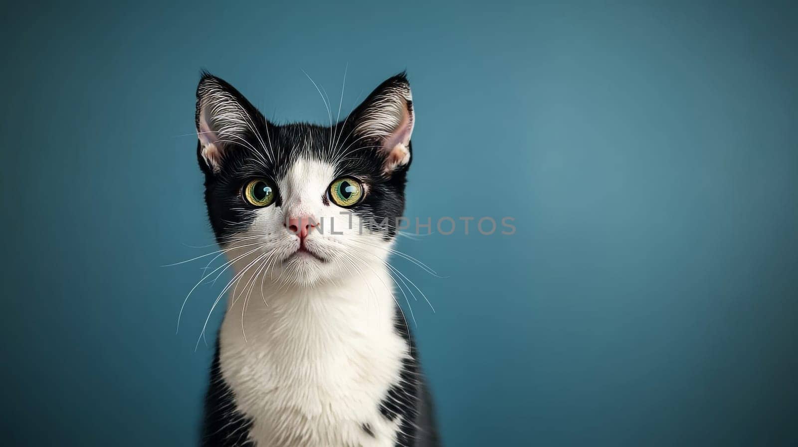 Curious Black and White Cat with Green Eyes on a Blue Background, Perfect for Pet Content