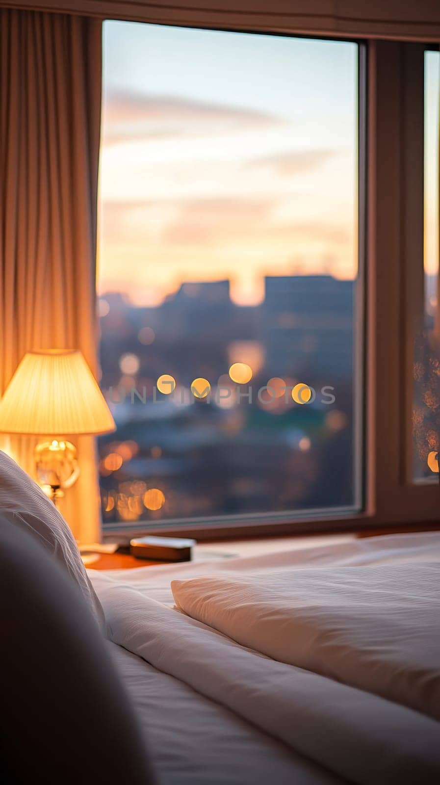 Cozy Evening Ambiance,Hotel Room With Cityscape View Through Large Window, Lit By Warm Lamp Light.
