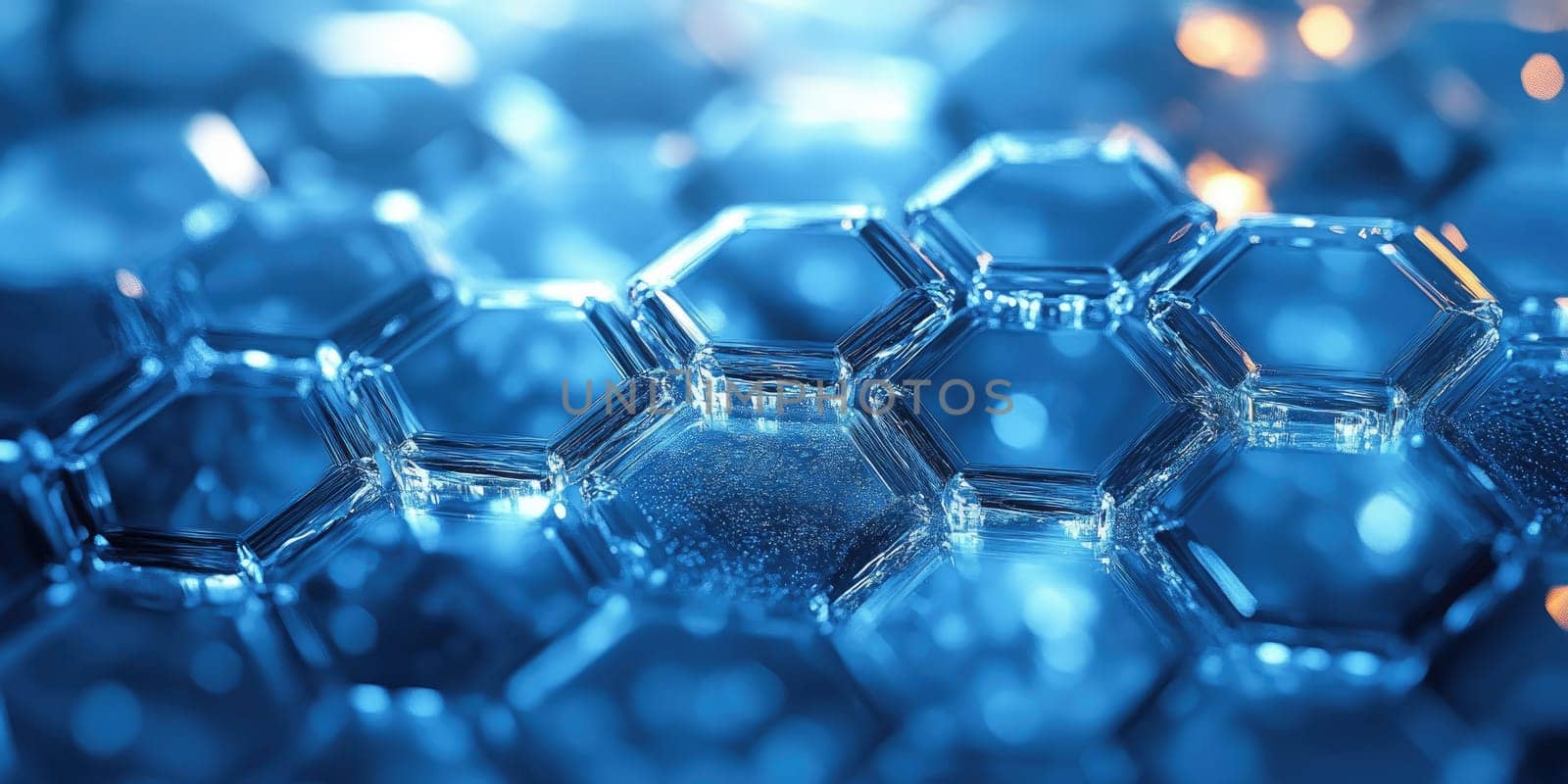 Hexagonal water droplets gather together, forming a striking pattern illuminated by soft blue light. The arrangement creates a visually captivating abstract scene with reflections.