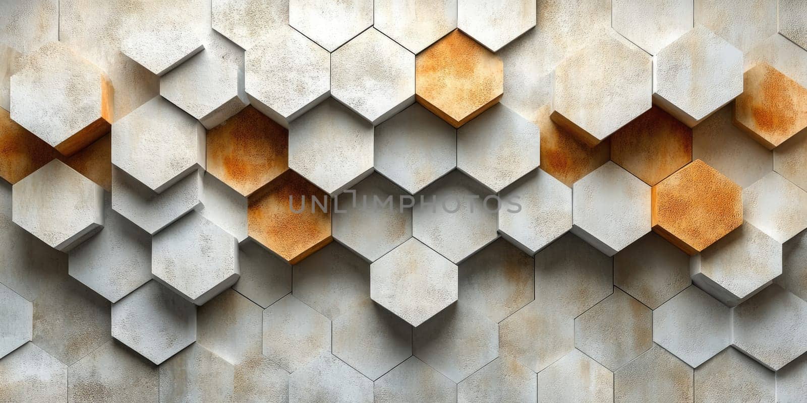 Hexagonal wall panels create a striking visual effect with a blend of neutral tones and rusty accents. This contemporary design enhances the ambiance of the space.