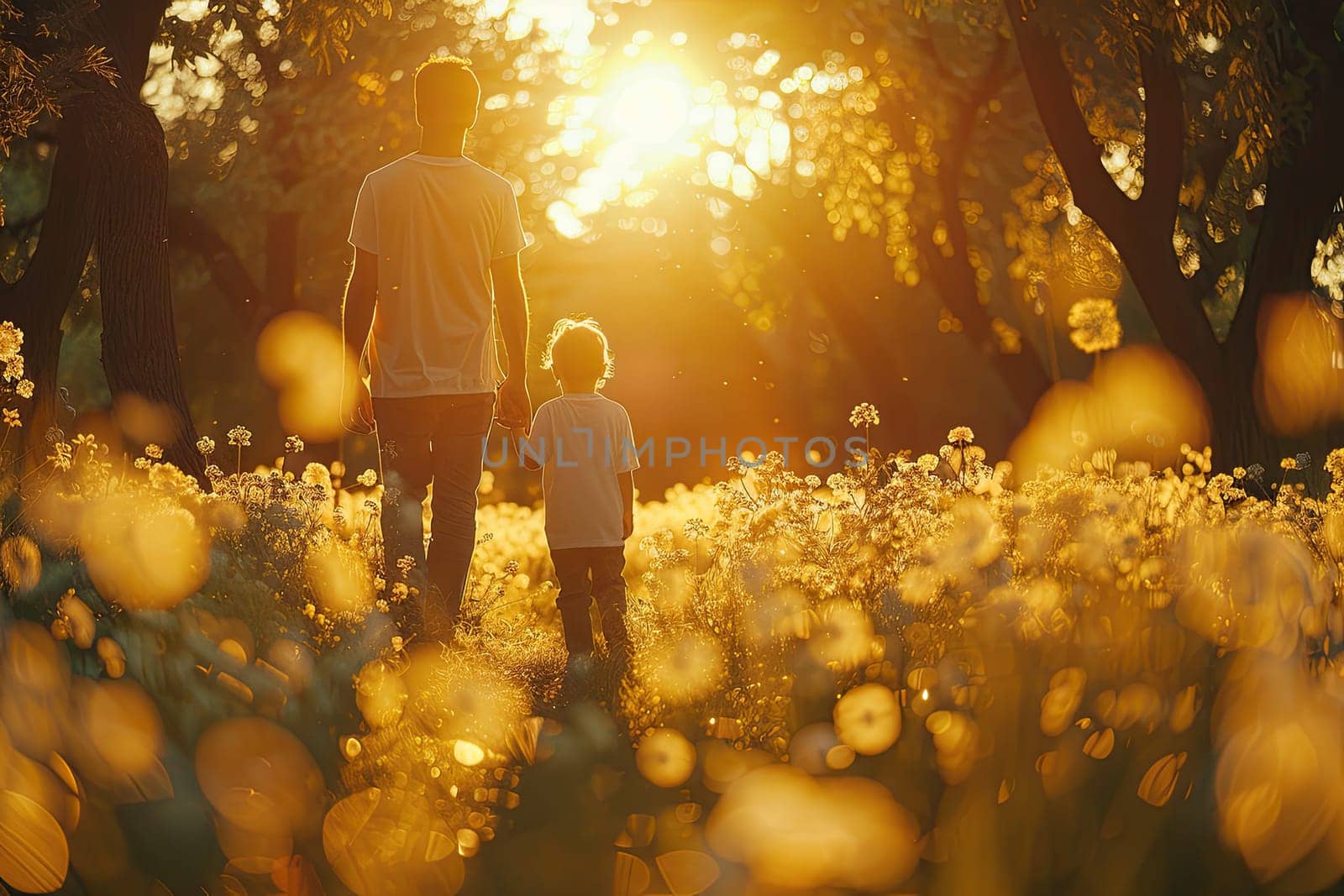 A father and his young son stroll together through a vibrant flower field as the sun sets, casting a golden glow over the landscape. They enjoy a peaceful moment in nature.