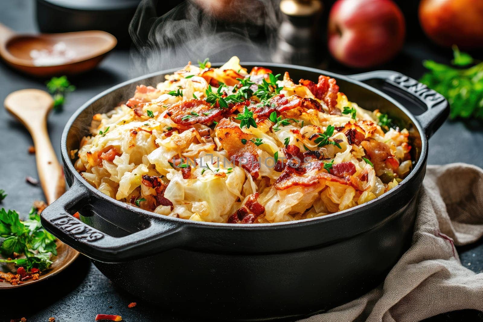 Savory cabbage mixed with crispy bacon is presented in a cast iron pot, enhanced by fresh herbs. The dish exudes warmth and comfort, perfect for a hearty meal.