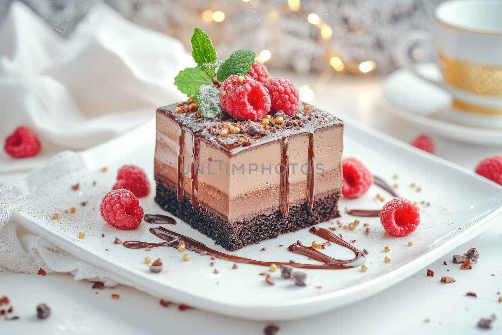 A rich chocolate dessert rests on a white plate, adorned with fresh raspberries, mint leaves, and a drizzle of chocolate. Perfect for sweet cravings at any time.