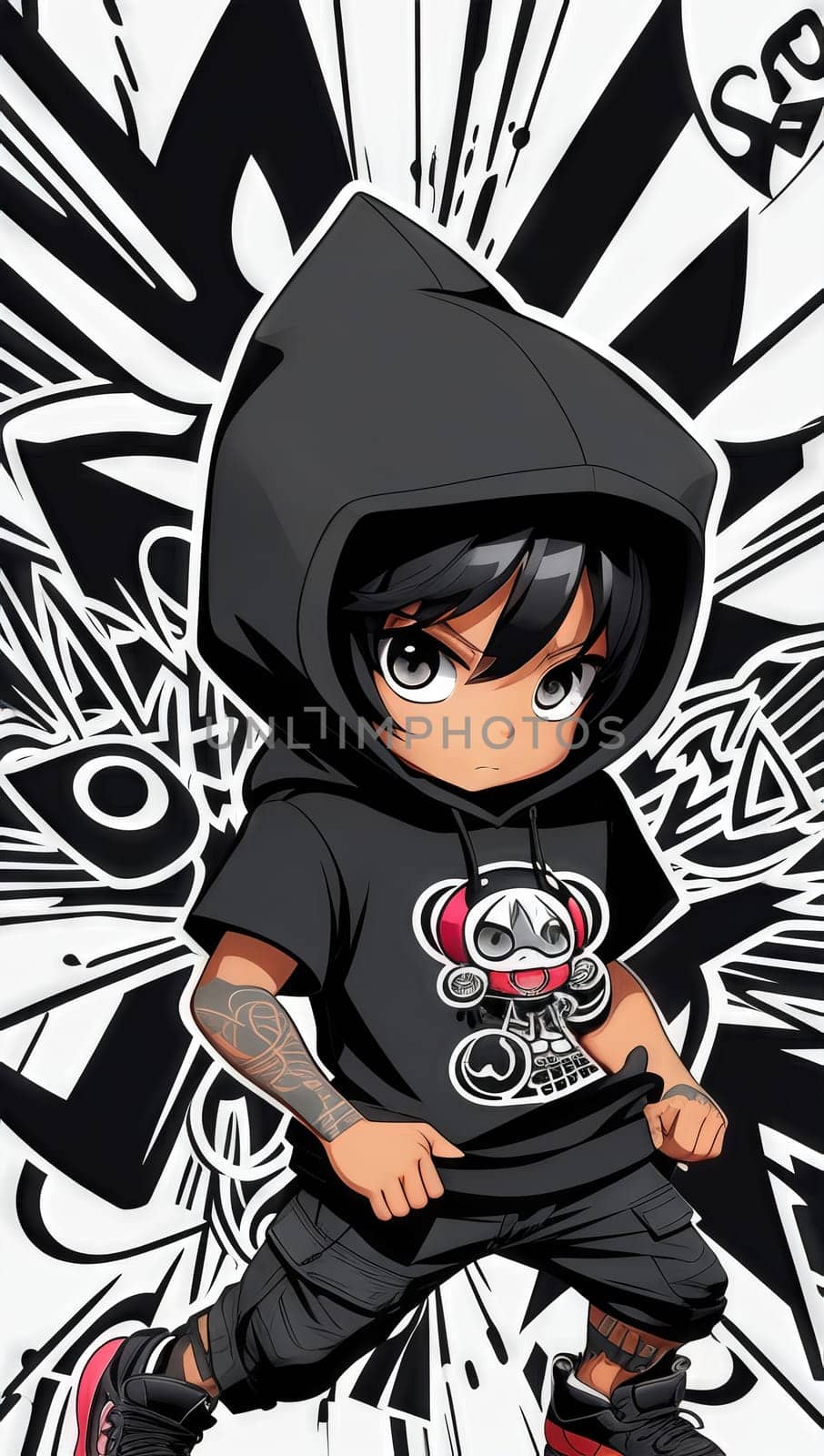 A young man in a black hoodie with a graffiti background. He is wearing a black hoodie, black pants, and orange shoes. He has his hood up and is looking at the camera with a confident expression.