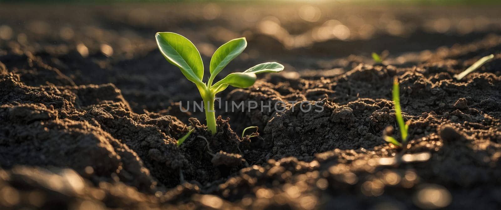 A small green sprout is growing out of the dark soil, illuminated by bright sunlight. This sprout represents new beginnings, as it starts to grow and thrive with the nurturing light of the sun.