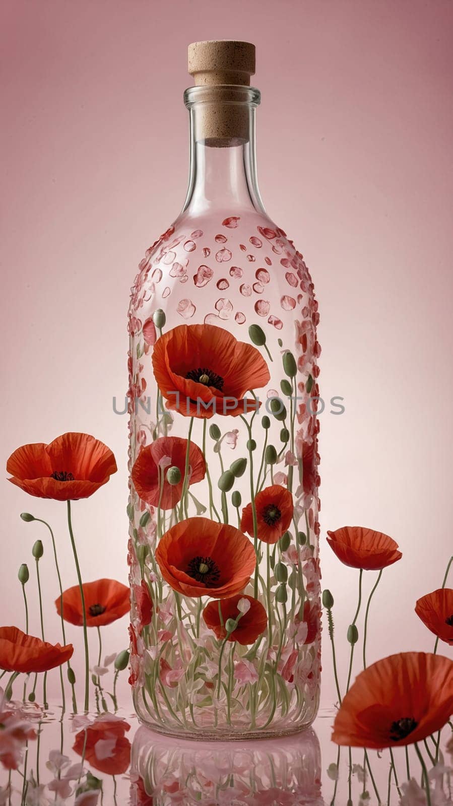 This stock image showcases a glass bottle with a red poppy flower inside, placed on a reflective surface with scattered red poppies, set against a soft pink background, ideal for creative projects.