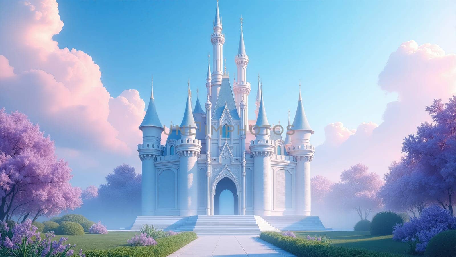 This enchanting digital artwork showcases a whimsical castle with a blue roof and white walls, surrounded by lush greenery, colorful flowers, and blooming pink trees, evoking a magical atmosphere.
