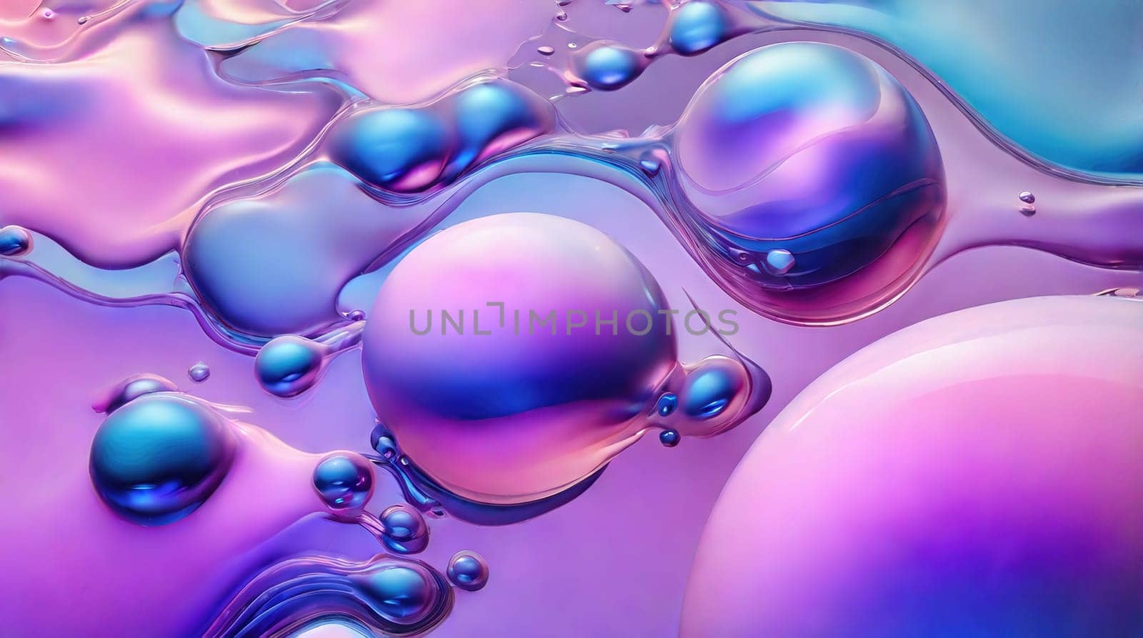 Two shiny blue and purple spheres float on a mesmerizing reflective surface. The surface displays shades of blue and purple, with a captivating wave-like pattern that enhances its visual appeal.
