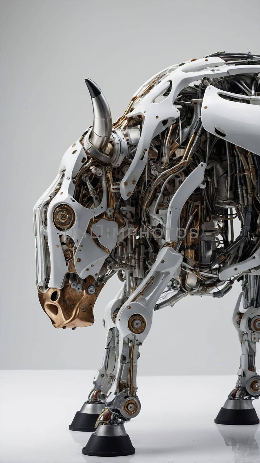 An impressive and unique cybernetic bull sculpture featuring intricate golden mechanical details and futuristic design elements, isolated on a clean white background for striking contrast.