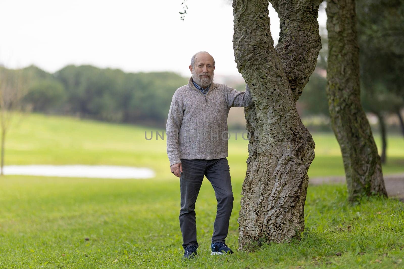 Portrait of a confident senior man relaxing in a green park, leaning against a cork oak tree, enjoying the peaceful atmosphere