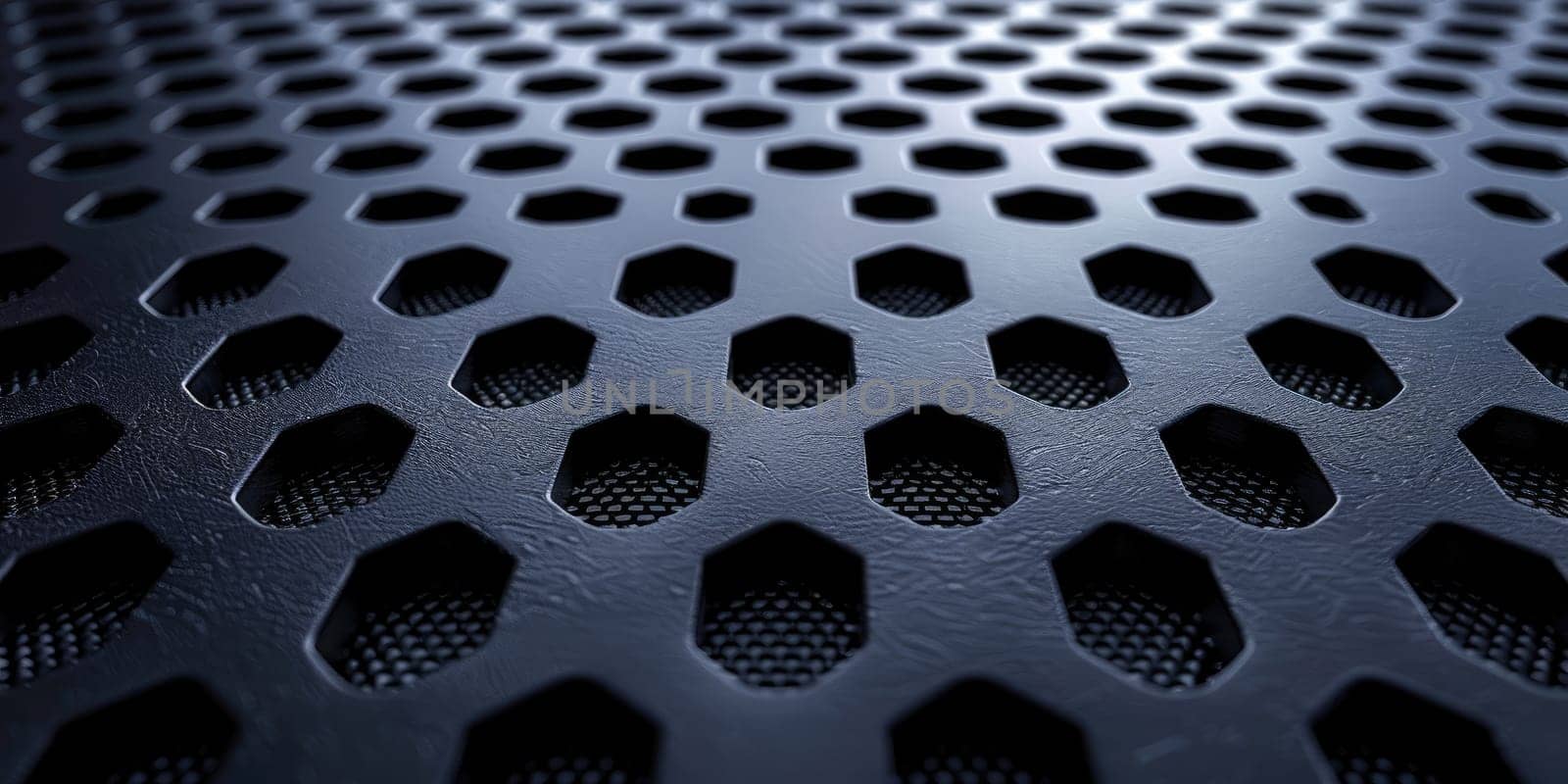 Close-up view of a black perforated metal sheet featuring hexagonal holes. The design highlights a modern industrial aesthetic, often used in architecture or machinery.