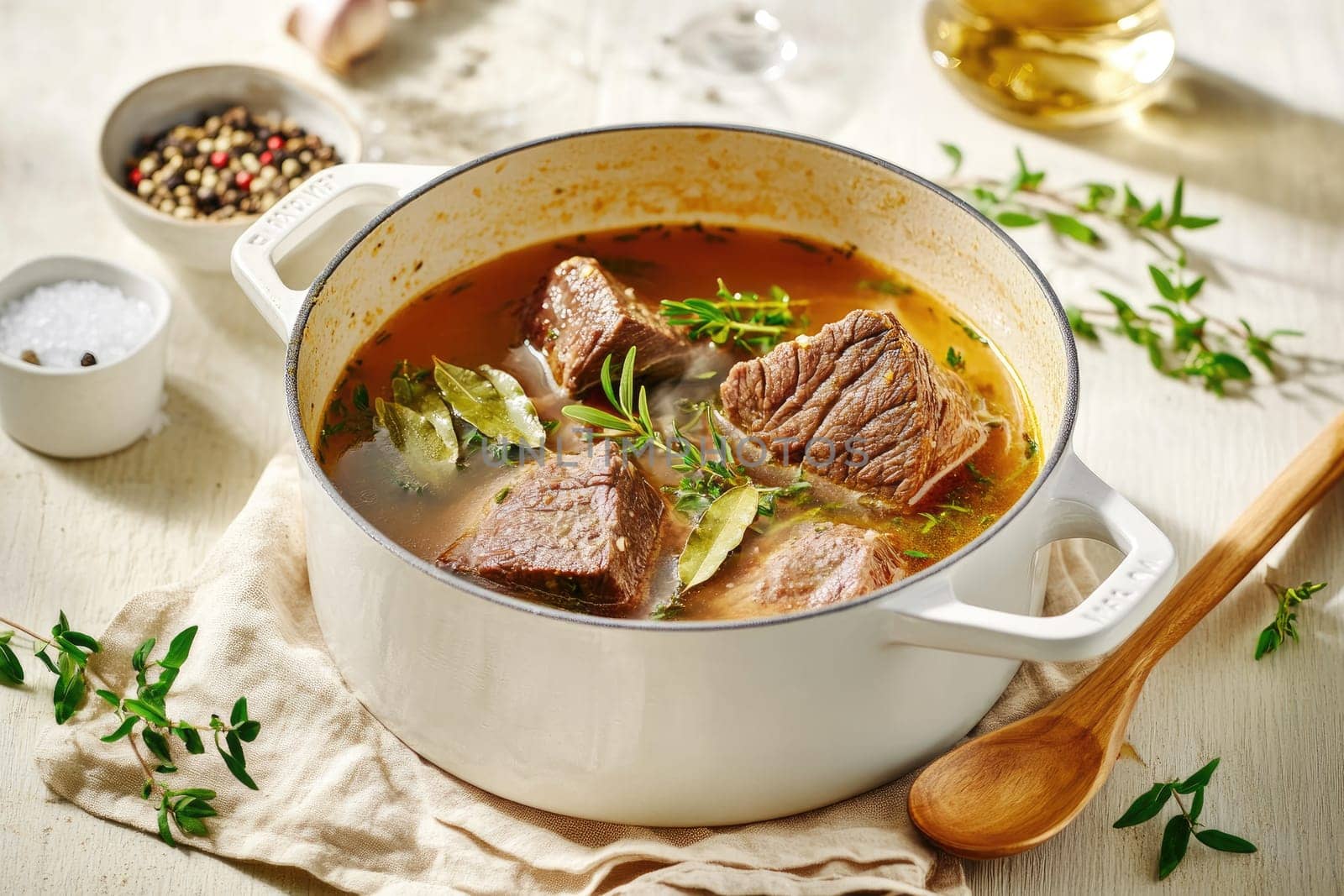 A pot filled with tender beef chunks slowly cooking in flavorful broth, garnished with fresh thyme and bay leaves placed on a light kitchen surface.