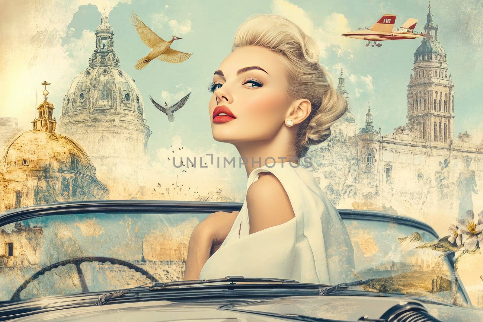 A stylish woman with blonde hair poses in a classic convertible, showcasing a retro look. City landmarks and birds accentuate the vibrant atmosphere, evoking a sense of nostalgia.
