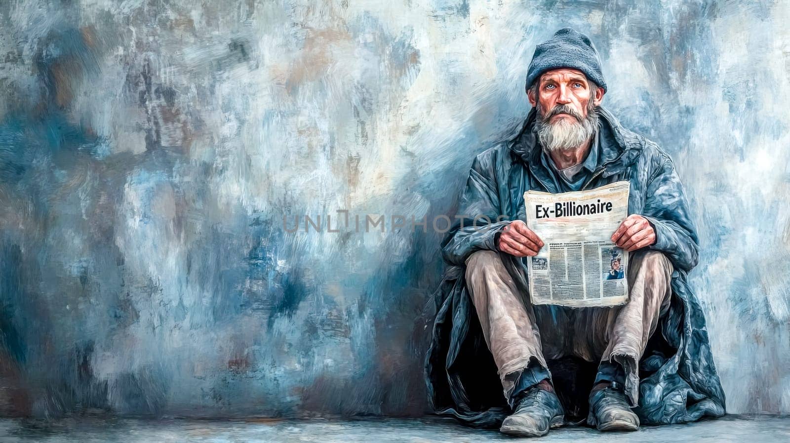 Sitting against a textured wall, a homeless man reads a newspaper with the headline ex billionaire, highlighting the harsh realities of financial ruin and social decline