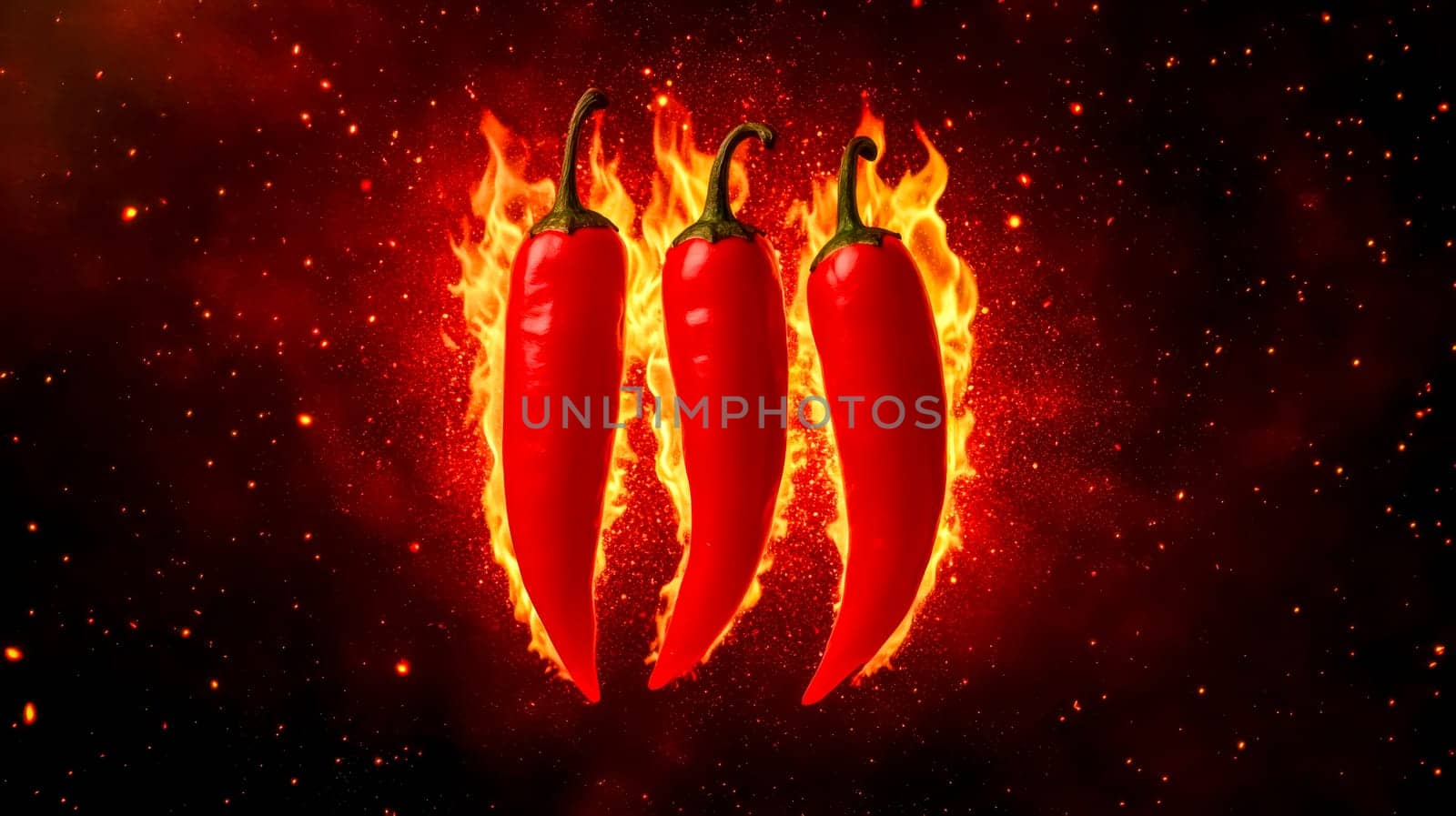 Three whole red chili peppers surrounded by vibrant flames creating a fiery and intense image against a dark, sparkling background, symbolizing heat, spice, and flavor
