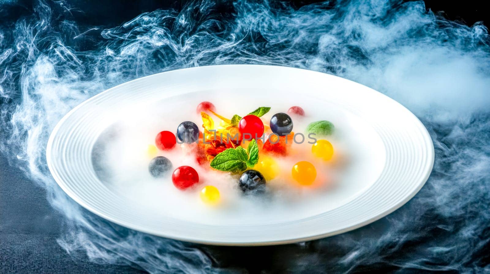 Colorful spheres of flavor, accompanied by grapes and mint leaves, rest on a white plate, enveloped in a dramatic swirl of culinary smoke, showcasing the art of molecular gastronomy