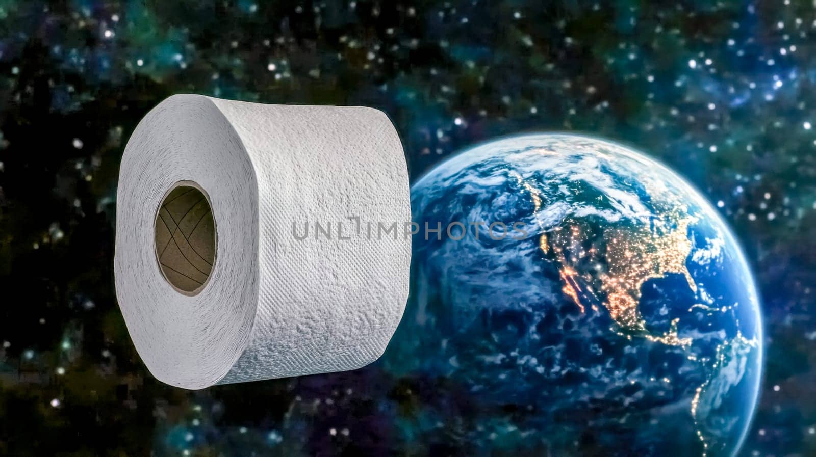 Large roll of toilet paper floats weightlessly in the vast expanse of space, with a partially illuminated earth visible in the background, creating a surreal and thought provoking scene