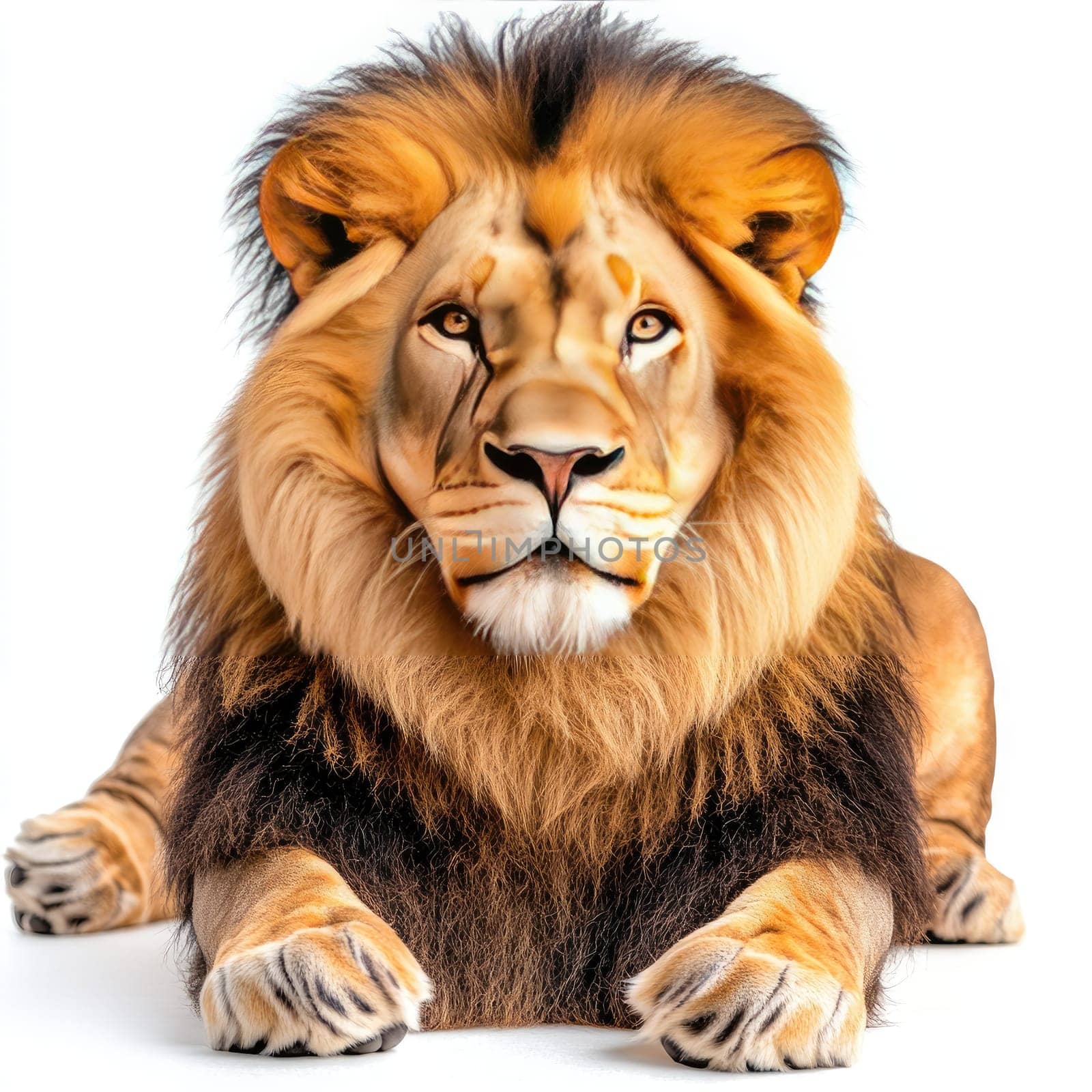 A large lion with a vibrant mane rests comfortably in a well-lit indoor space. Its expressive eyes and powerful presence capture attention, showcasing its regal nature.