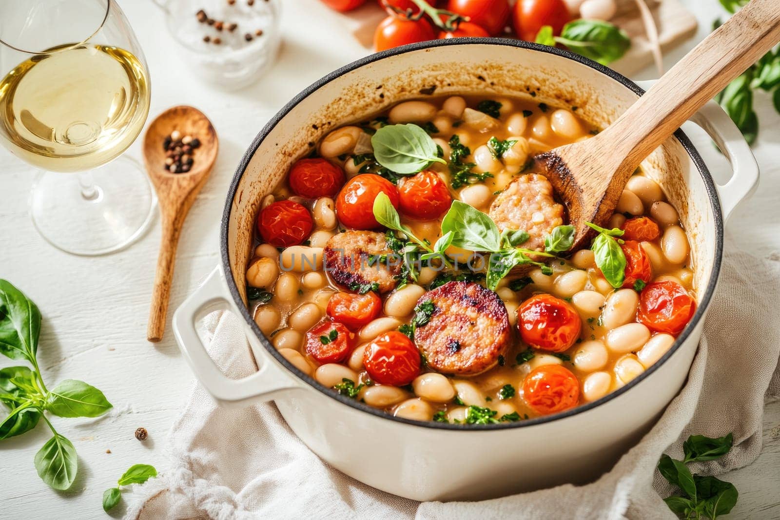 A hearty white bean stew simmers in a pot, featuring grilled sausage, ripe tomatoes, and fresh basil. A glass of white wine and cherry tomatoes complete the inviting kitchen ambiance.