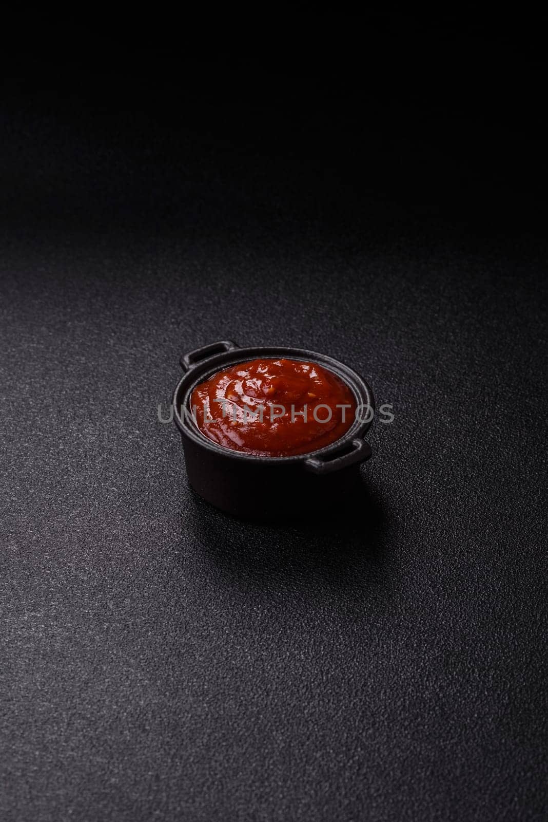 Red sauce or ketchup with salt and spices in ceramic sauce boat on dark concrete background