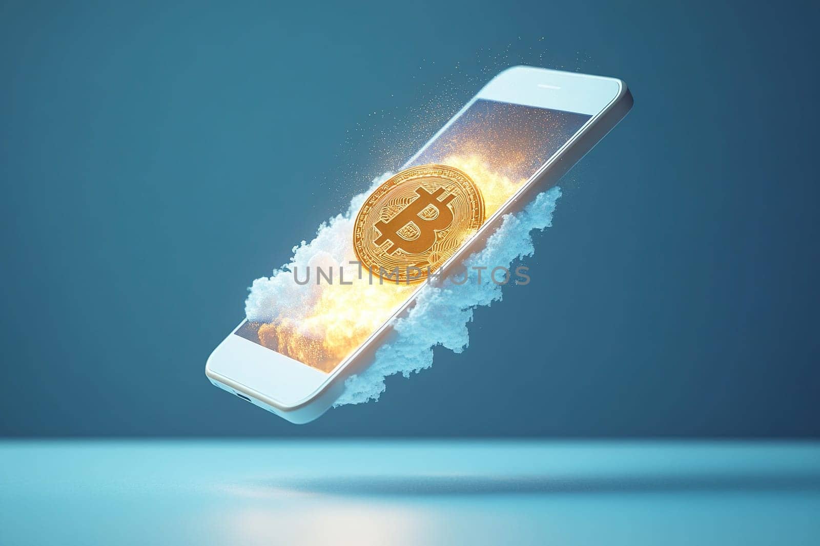 A gold bitcoin coin flies into the screen of a white smartphone hovering on a blue background in a white cloud.