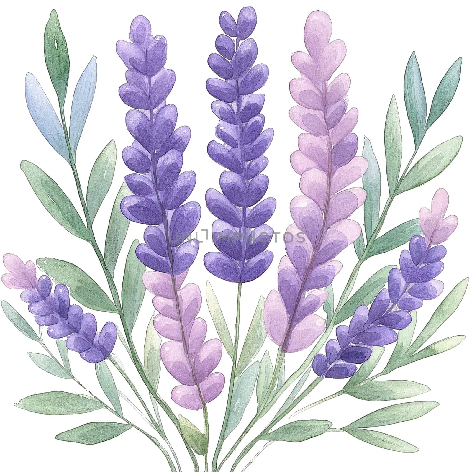 A beautifully arranged bouquet of lavender in shades of purple and pink, surrounded by soft green leaves. The gentle watercolor style highlights the natural elegance of the flowers.