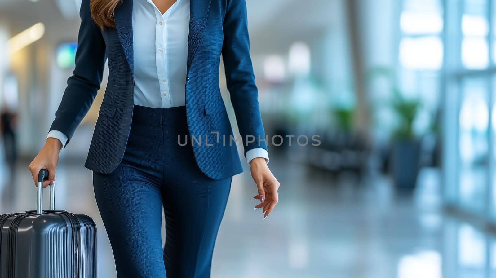 Businesswoman is walking through airport terminal pulling suitcase on wheels