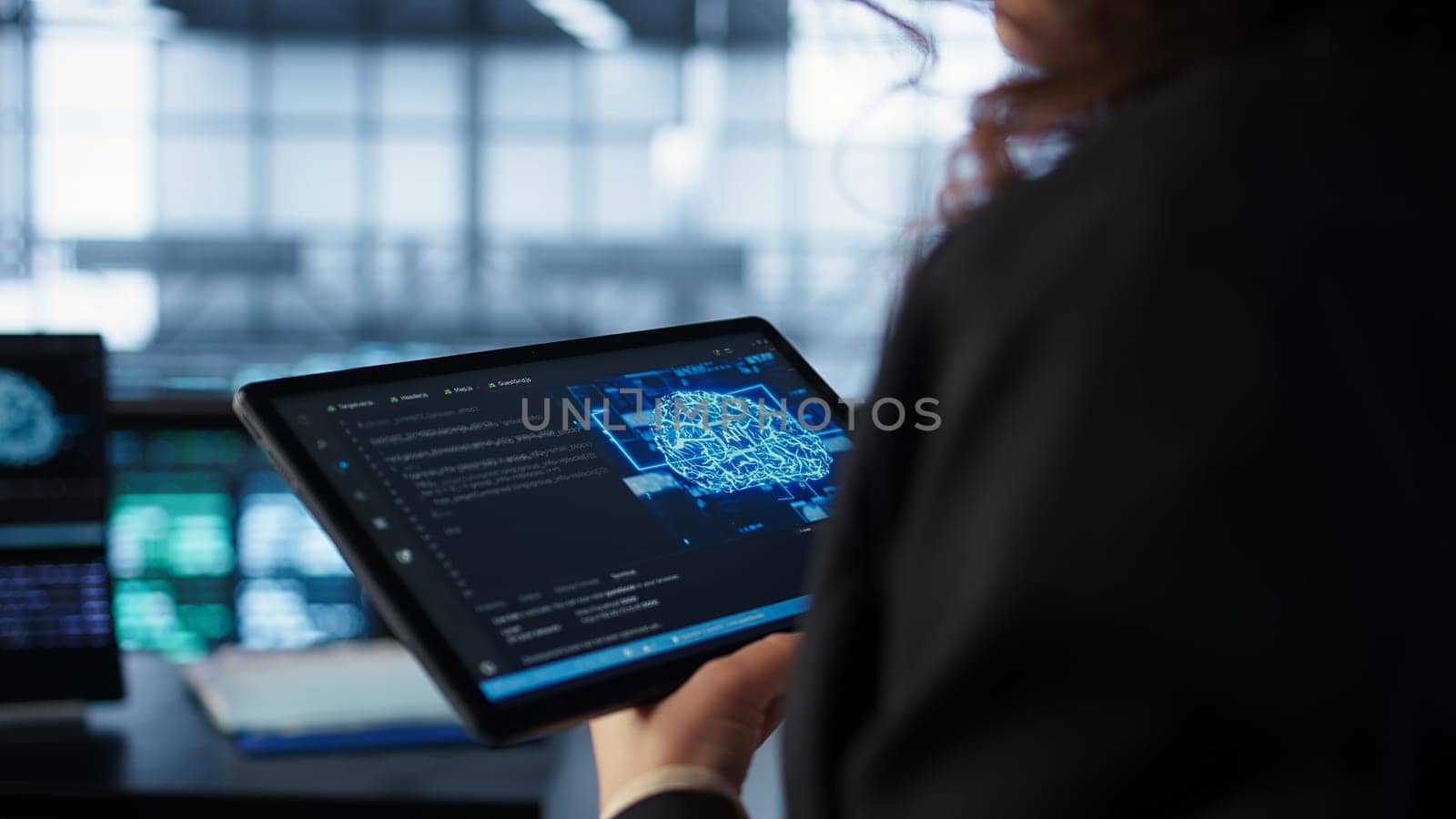 Data center technician using artificial intelligence on tablet to prevent vulnerabilities. Employee using device to review firewall rules, enforcing AI cybersecurity protocols, camera B close up