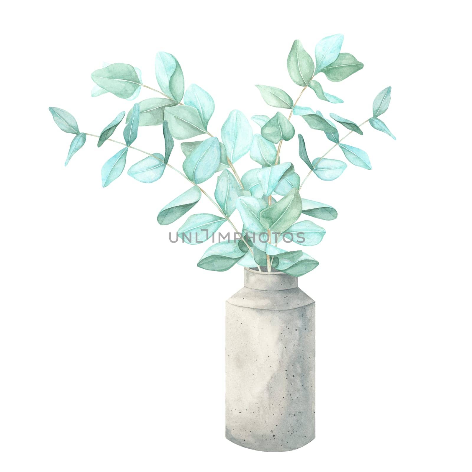Green eucalyptus foliage in a balanced bouquet set in a cement vase, painted in watercolor. This clipart composition is ideal for digital scrapbooking, eco-friendly branding, wedding stationery, and merchandise