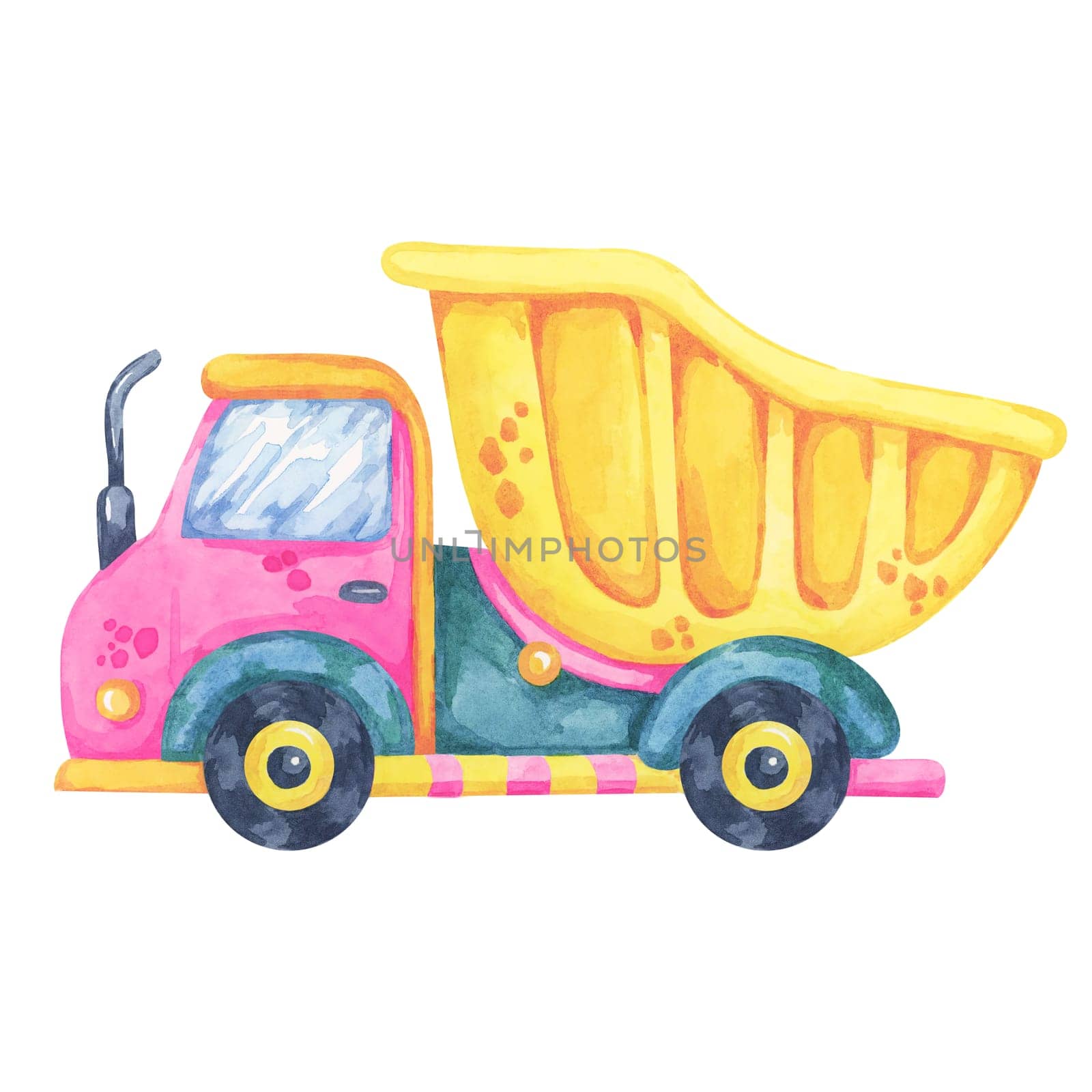 Dump truck car in cartoon style with yellow and pink accents. Building site vehicle, traffic watercolor clipart perfect for construction-themed designs, kids' room decor, or educational resources.