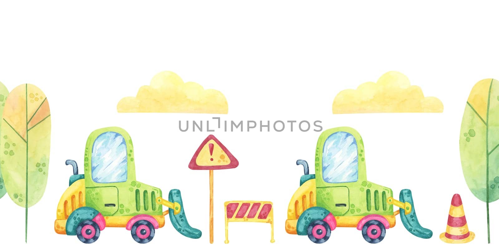 Excavator, warning signs, trees and clouds in watercolor. Construction site, roadworks seamless border clipart in cartoon style. Cute forklift car illustration for children's rooms, clothing or fabric