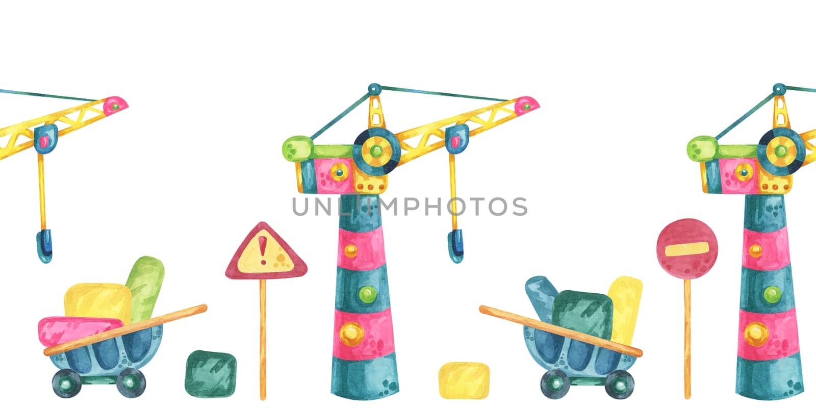 Tower crane, warning signs, wheelbarrow and building blocks in watercolor. Construction site seamless border clipart in cartoon style. Illustration for construction-themed designs, kids' room decor