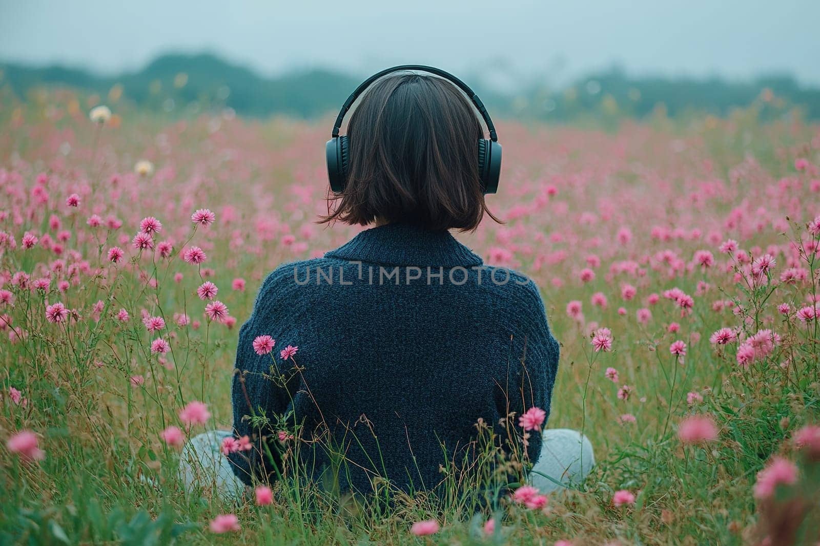 Back view of young asian girl with bob haircut sitting in blooming field with headphones on her head on cloudy day. Concept of music and nature