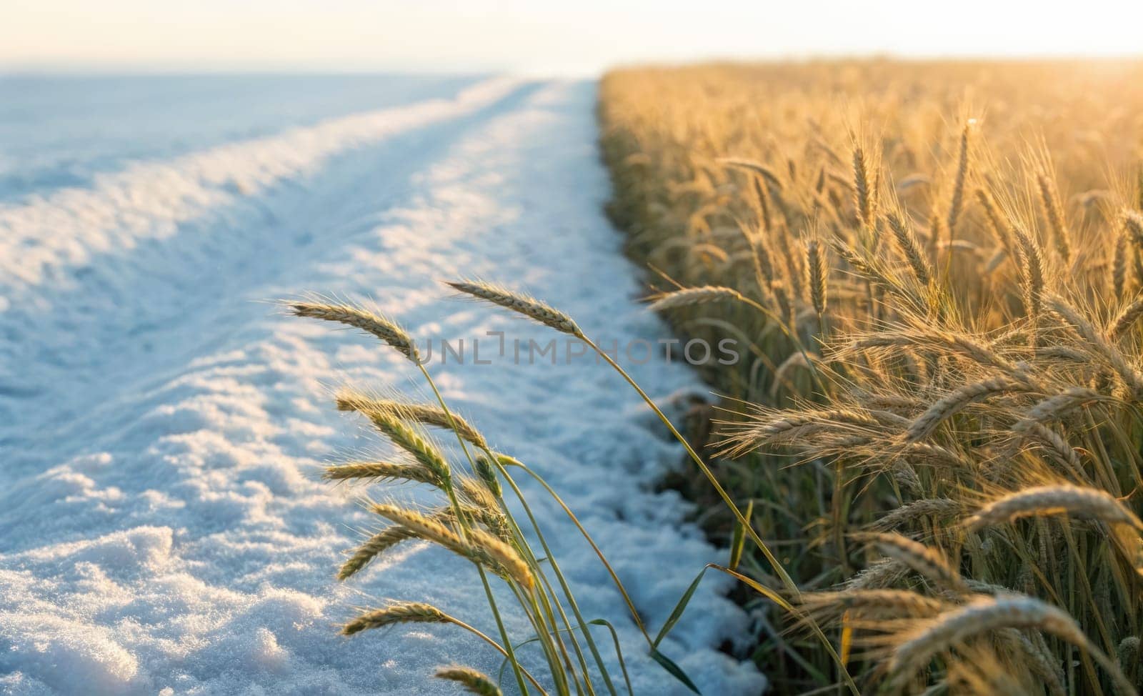Snow blankets one side of the field while golden wheat sways on the other, showcasing natures seasonal transformation. The tranquil landscape paints a beautiful contrast of two seasons.