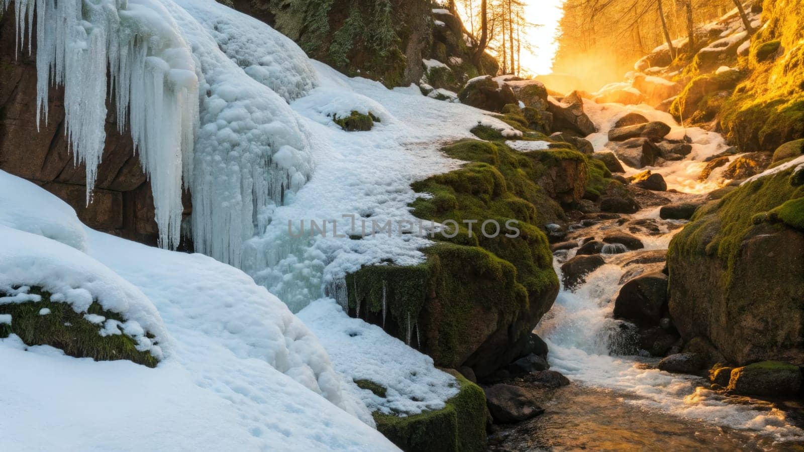 Snow blankets the ground, with icicles hanging from rocks beside a rushing stream. Golden sunlight filters through the trees, creating a magical atmosphere in this winter landscape.
