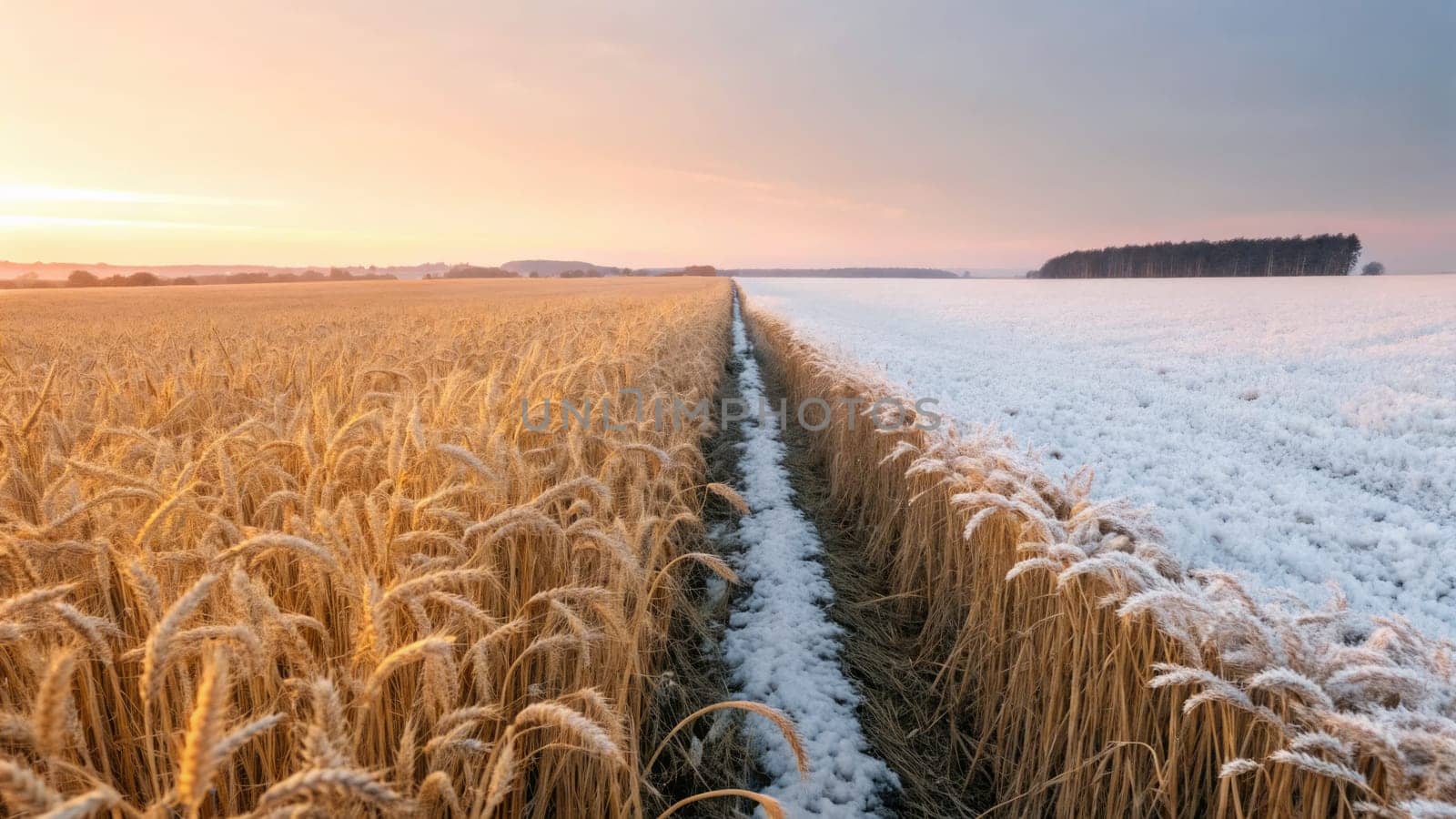 A stunning landscape showcases the contrast between golden wheat fields and a snowy terrain, illustrating the transition from autumn to winter at twilight. Natures beauty is on full display.