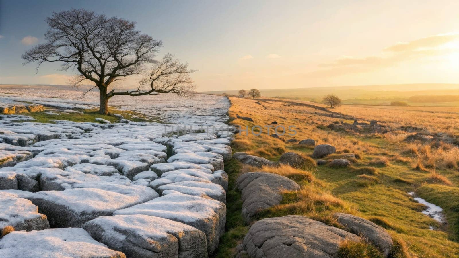 The early morning light elegantly illuminates a breathtaking landscape where snow gently meets lush green grass.