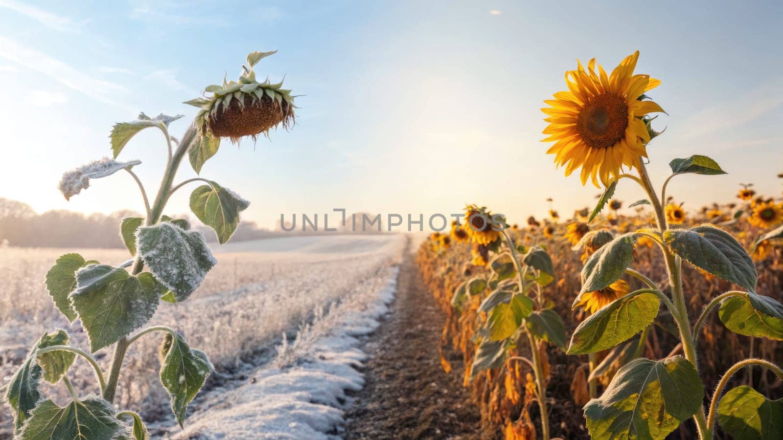 In a vibrant field, sunflowers stand tall, bathed in golden sunlight as morning frost sparkles on the leaves.