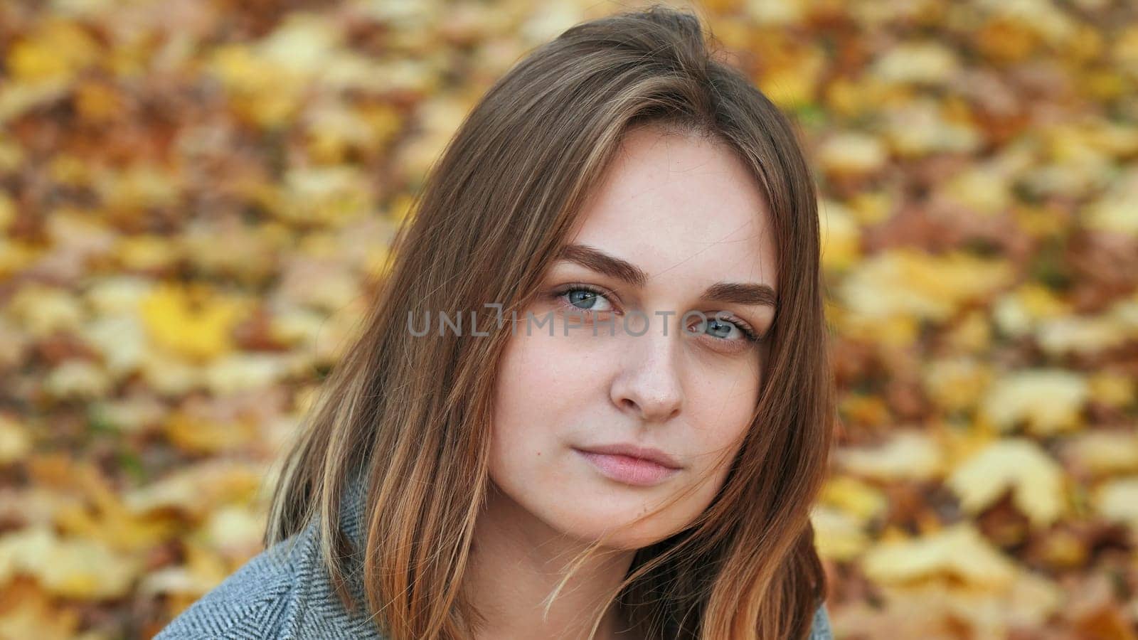 Portrait of a young and beautiful girl against a background of yellow leaves. Face close up
