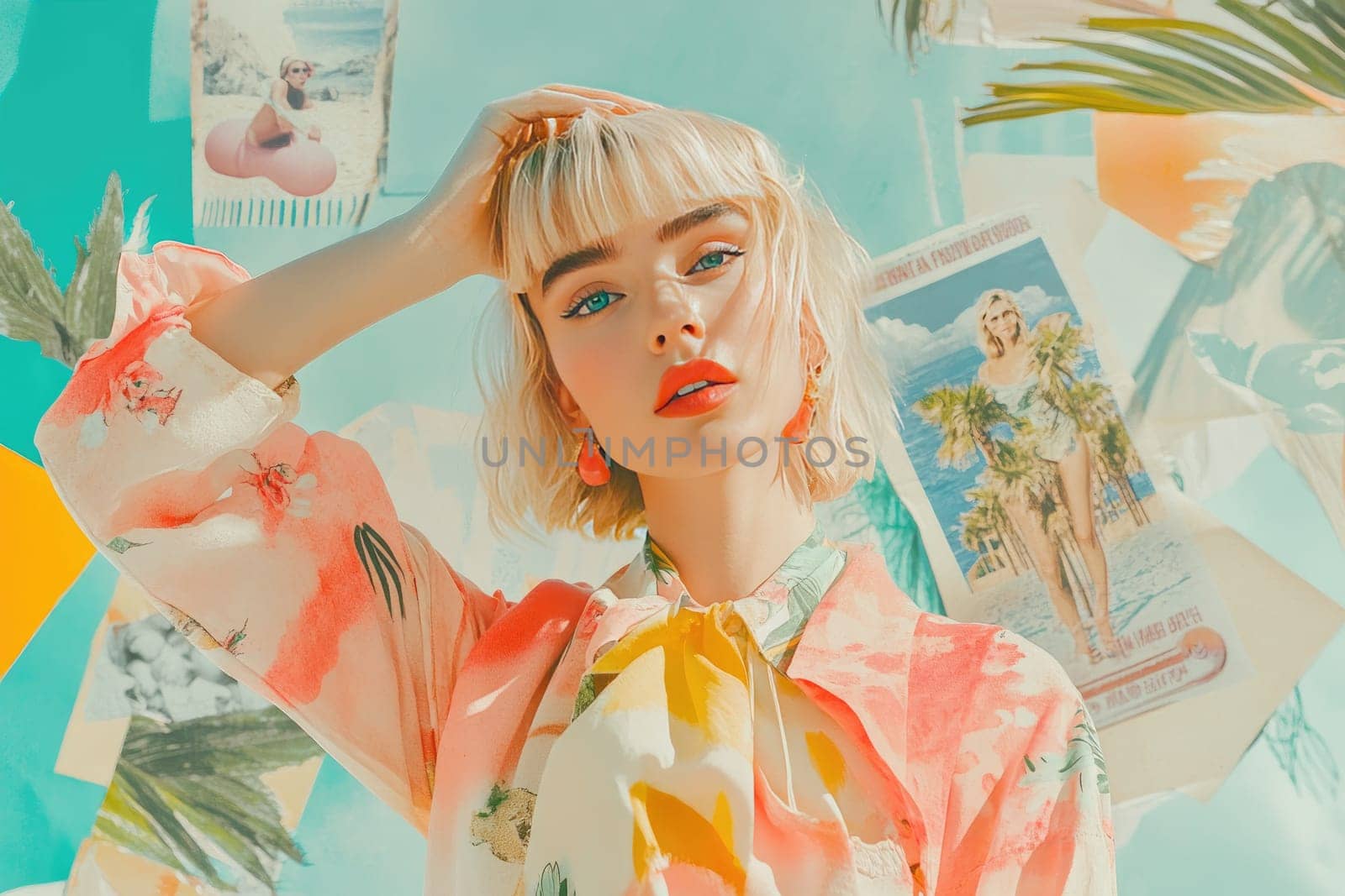 A glamorous blonde woman stands confidently, adjusting her stylish scarf as she poses in front of an abstract collage showcasing vintage vacation posters. The bright colors and nostalgic visuals create a chic atmosphere, capturing the essence of carefree summers. Her expressive blue eyes and playful smile enhance the lighthearted mood, evoking a sense of wanderlust and style. The overall composition radiates elegance and charm, reminiscent of retro travel adventures.