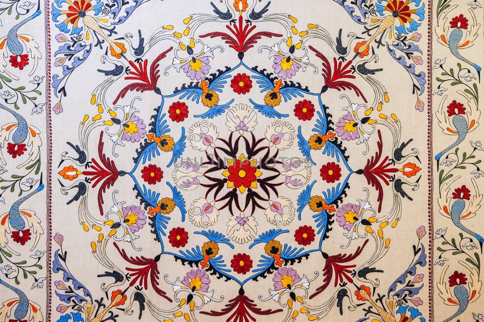oriental Uzbek carpet with traditional geometric pattern. Vintage handmade Turkish carpet
