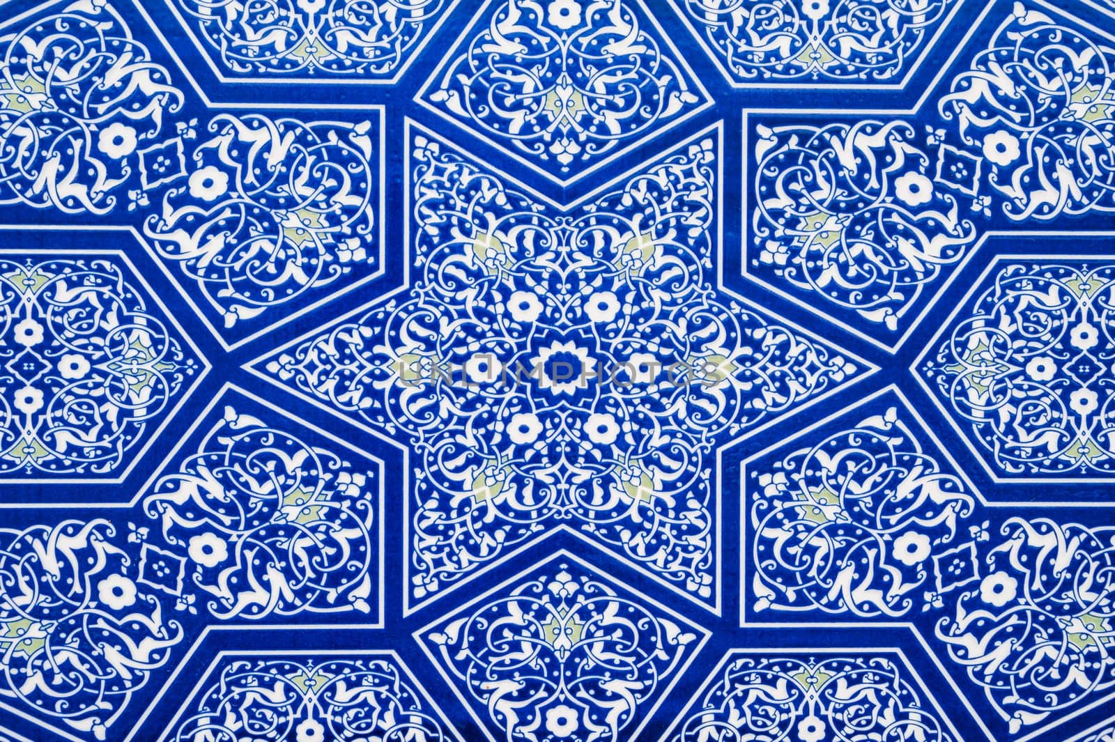 ceramic tiles with a traditional Uzbek oriental pattern in Uzbekistan. Blue decorative background with Islamic ornament